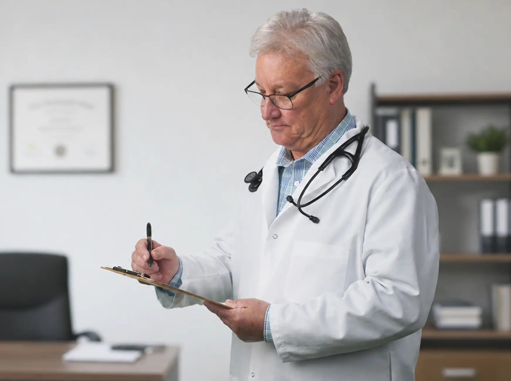 Step 2 to getting your medical kit: A U.S. board-certified physician in a white lab coat reviewing a medical chart on a clipboard to approve an emergency prescription.