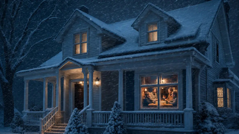Snowy house at night with warm light inside