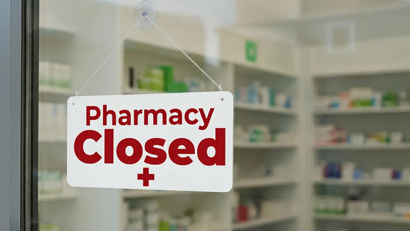 Pharmacy closed sign hanging on a glass door with shelves of medications in the background