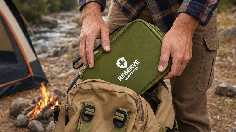 Close-up of a man packing an olive green Reserve Med Supply kit into a tan backpack at a campsite, with a tent, campfire, and a flowing river blurred in the background.