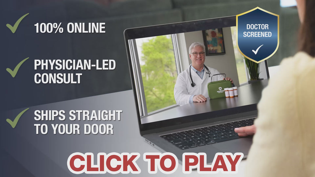 Video thumbnail showing a woman looking at a laptop screen featuring Dr. Chaffer with a Reserve Med Supply kit. Text overlays read "100% Online", "Physician-Led Consult", "Ships Straight to Your Door", and "Doctor Screened".