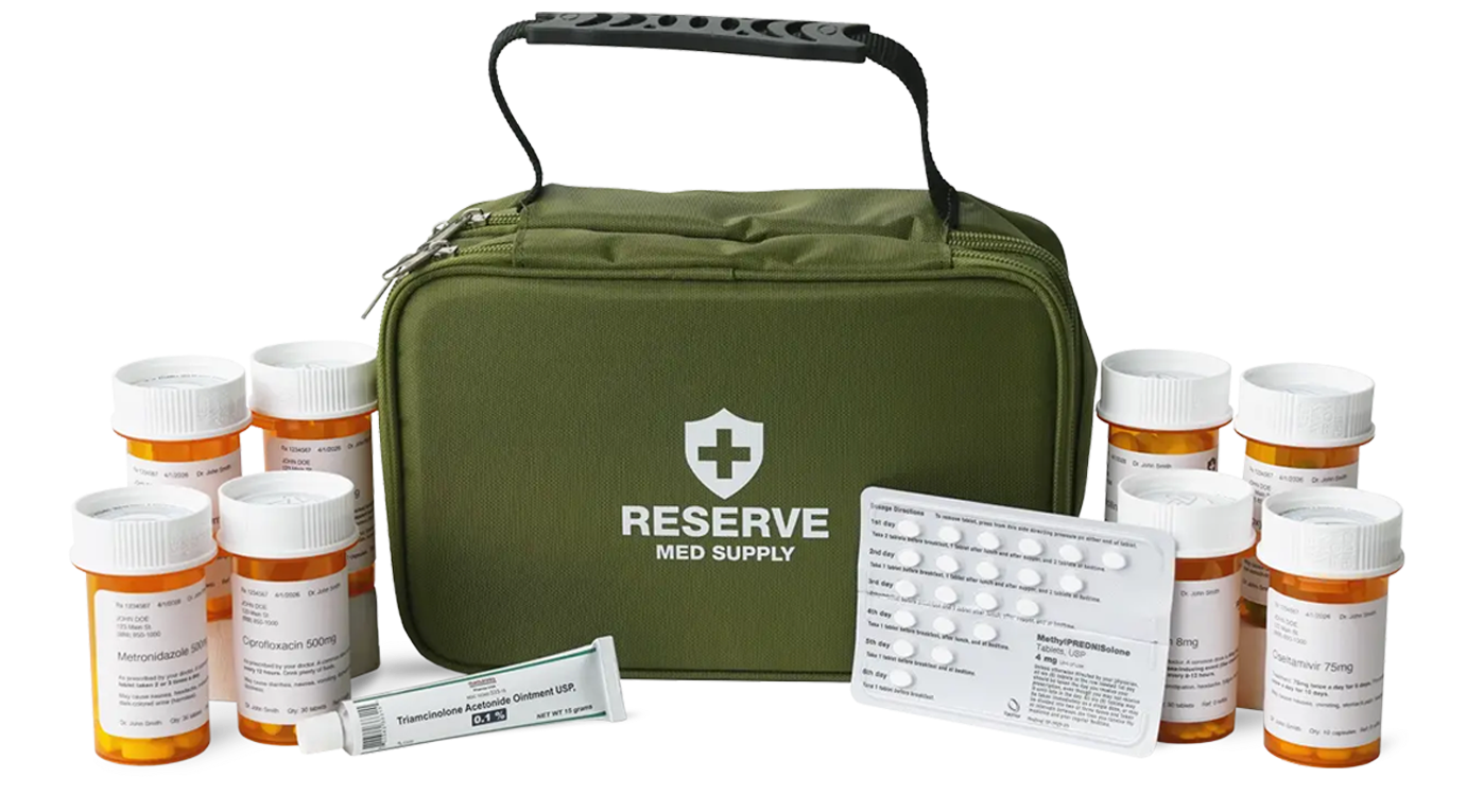 Olive green Reserve Med Supply medical kit bag surrounded by prescription pill bottles, a blister pack of Methylprednisolone tablets, and a tube of Triamcinolone Acetonide ointment against a black background.