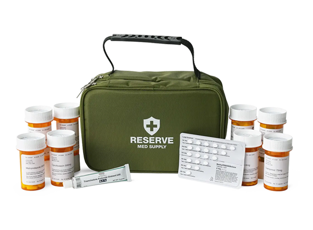 Olive green Reserve Med Supply medical kit bag surrounded by prescription pill bottles, a blister pack of Methylprednisolone tablets, and a tube of Triamcinolone Acetonide ointment against a black background.